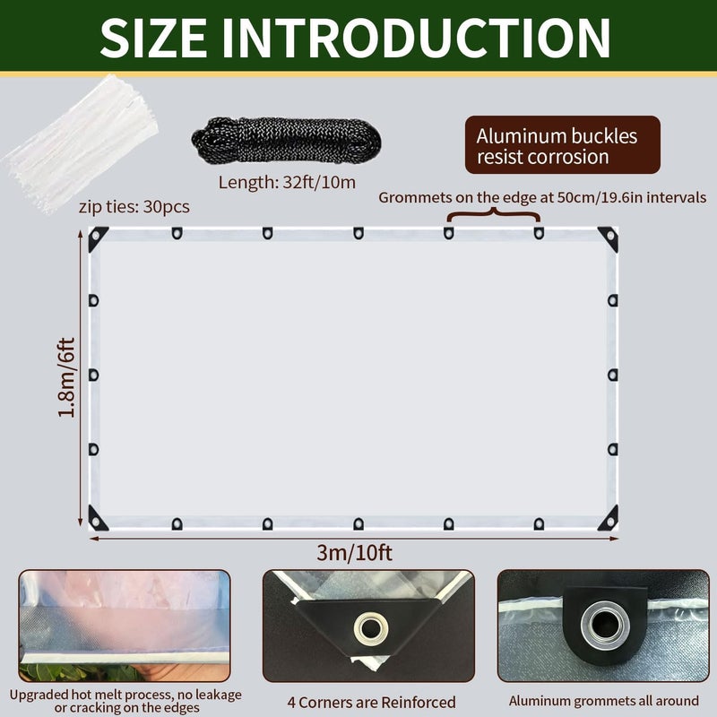 ZERNBER Clear Tarps Heavy Duty Waterproof, 6x10ft Upgraded Edge Heat Fused Tear Resistant,Clear Tarps with Grommetsfor Patio Fencing,Rain, Wind, Cold, Chicken Coops,and More（Windproof Rope and Tie-Downs） - Image 2